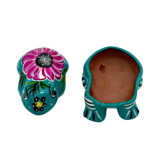 Talavera Frog Toad Trinket Box Hand painted Brightly Blue Pink Florals Mexico - Picture 3 of 6